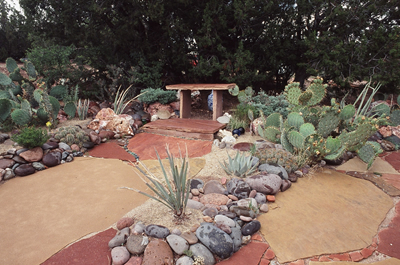 Xeriscape garden with flagstone walkway